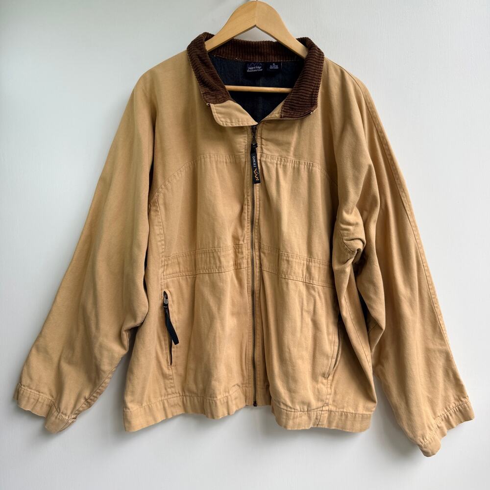 Jagged Edge Mountain Gear Jacket XL Tan Cotton Canvas Corduroy Collar Vintage